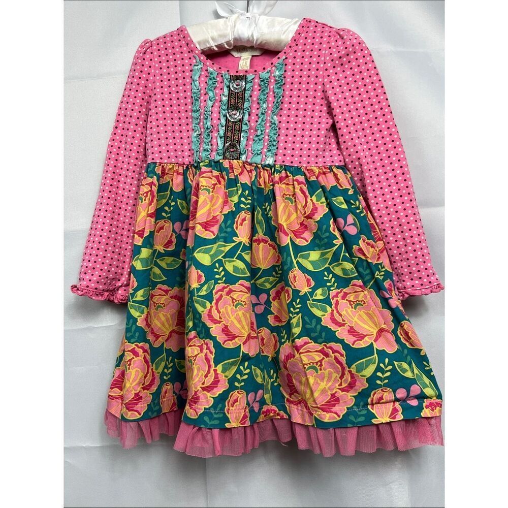 Matilda Jane pink and green Little Missy long sleeve multi pattern dress 18-24 m